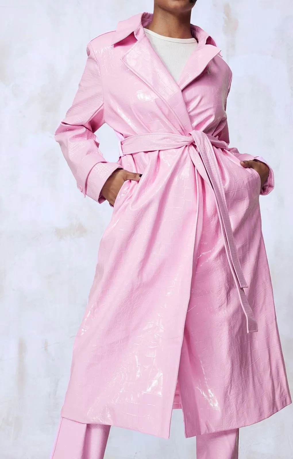 Bubblegum Pink Vinyl Trench & Flared Trouser Co-Ord