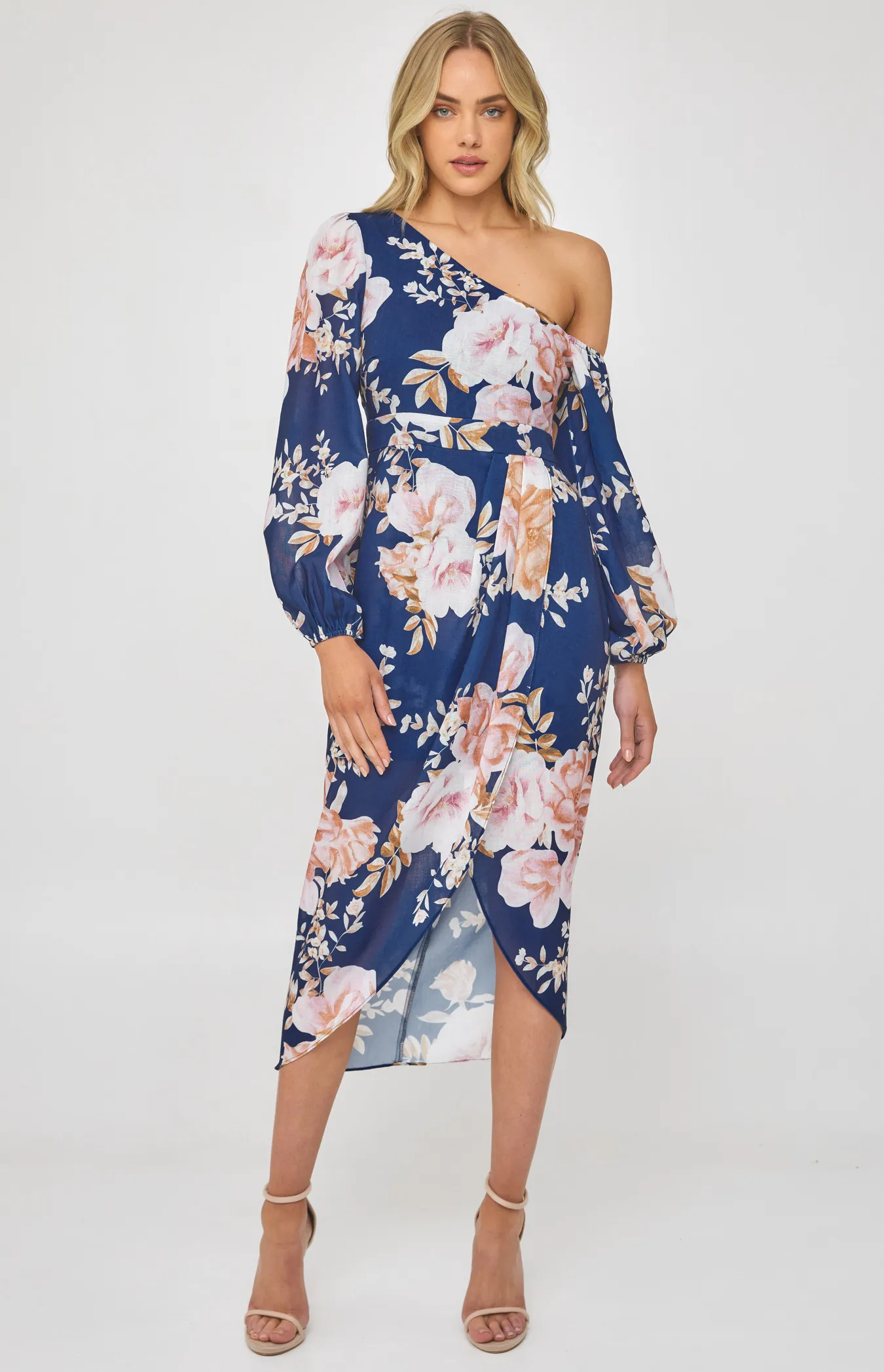 Floral Asymmetric Neckline Dress with Tulip Hem (SDR1230B) 