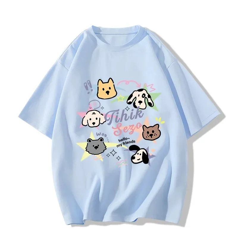 Line puppy graffiti print pure cotton milk yellow short-sleeved T-shirt for women summer new loose casual versatile top
