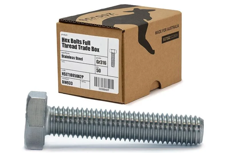 M6 x 40mm Hex Bolts Full Thread 316 Box 50