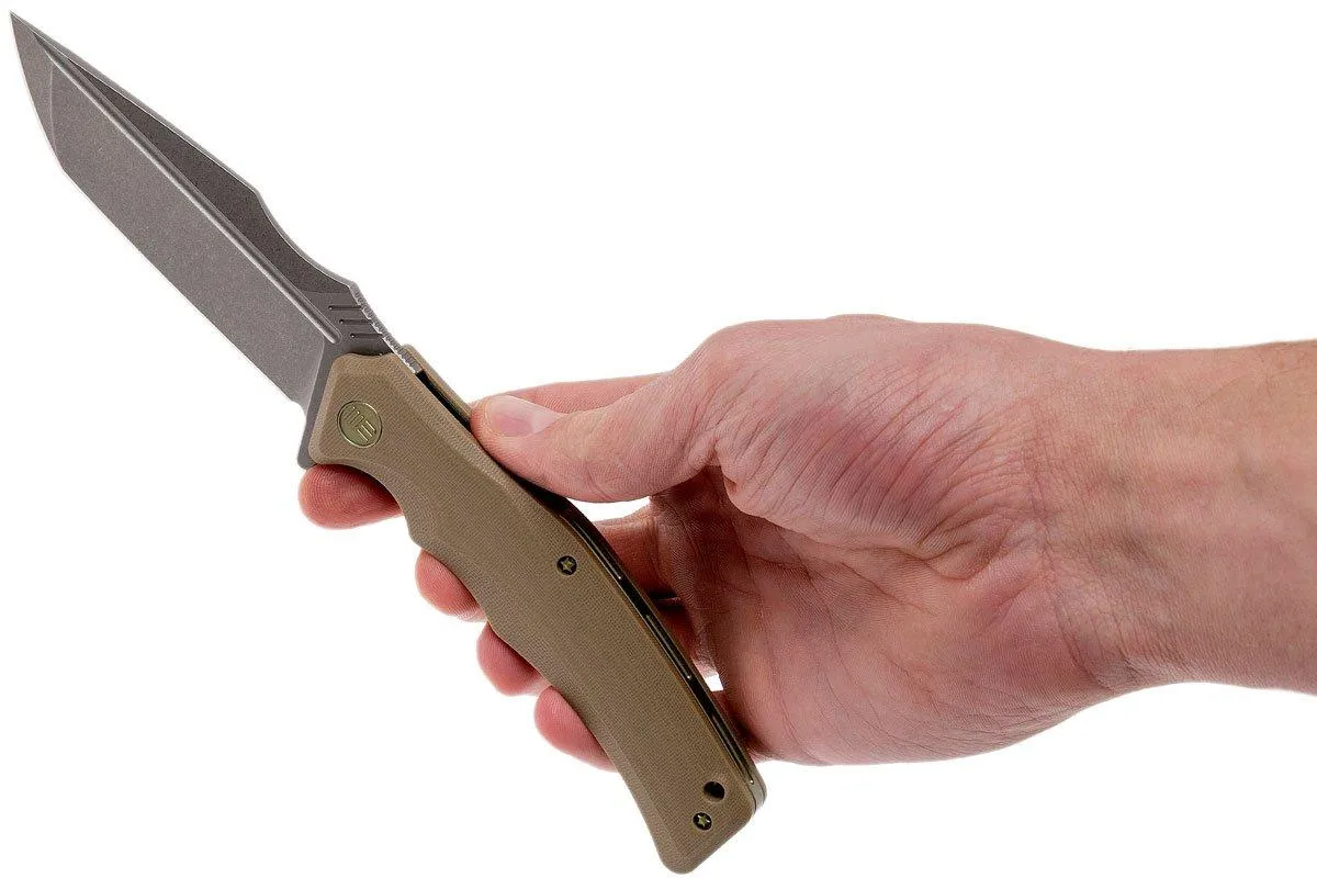 WE Knife 709D Thraex pocket knife, Tan G10, Stonewashed blade