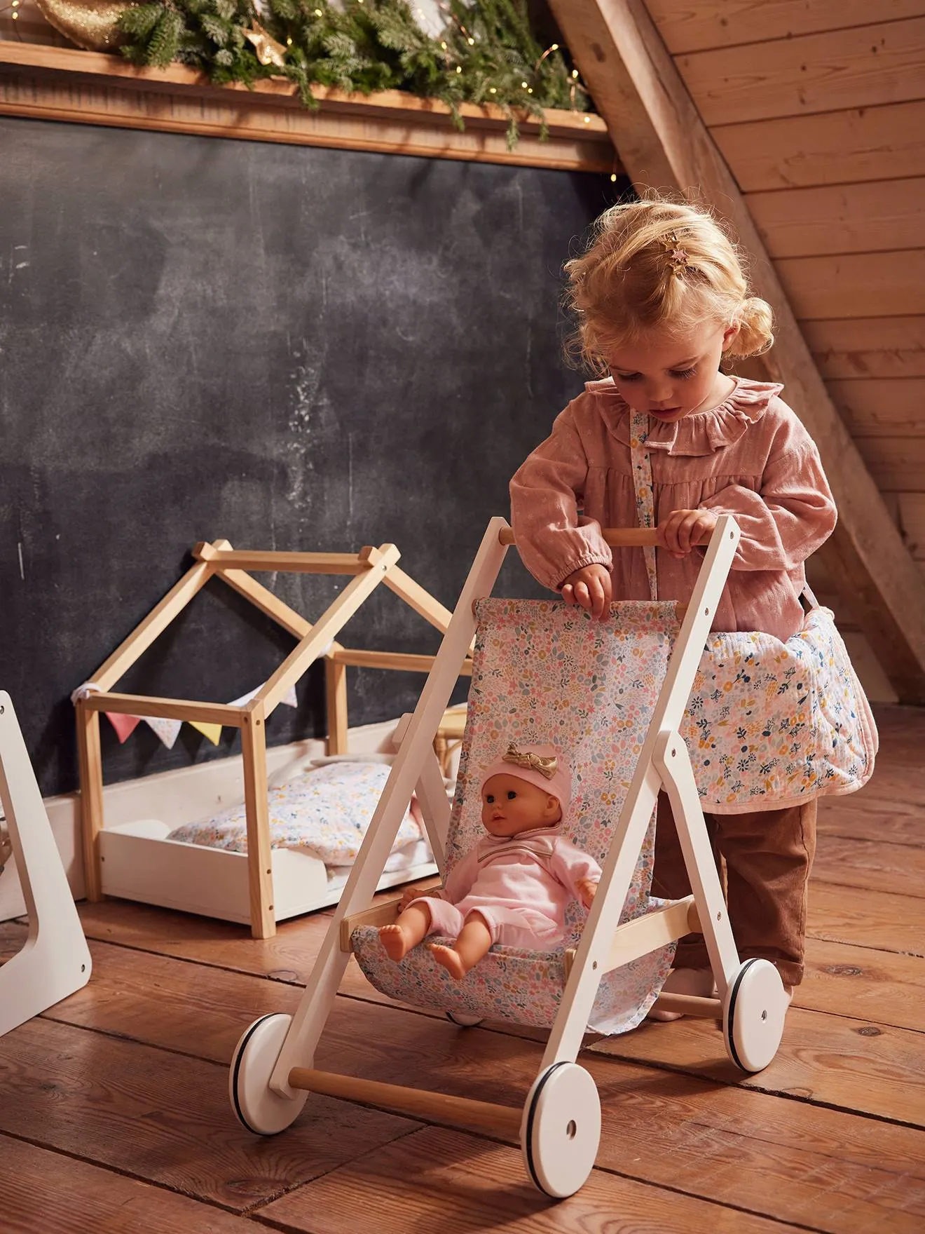 Wooden Pushchair for Dolls - Wood FSC® Certified - wood/white